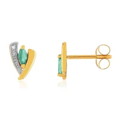 Boucles d'oreille or 375 jaune 2 tons emeraude et diamant