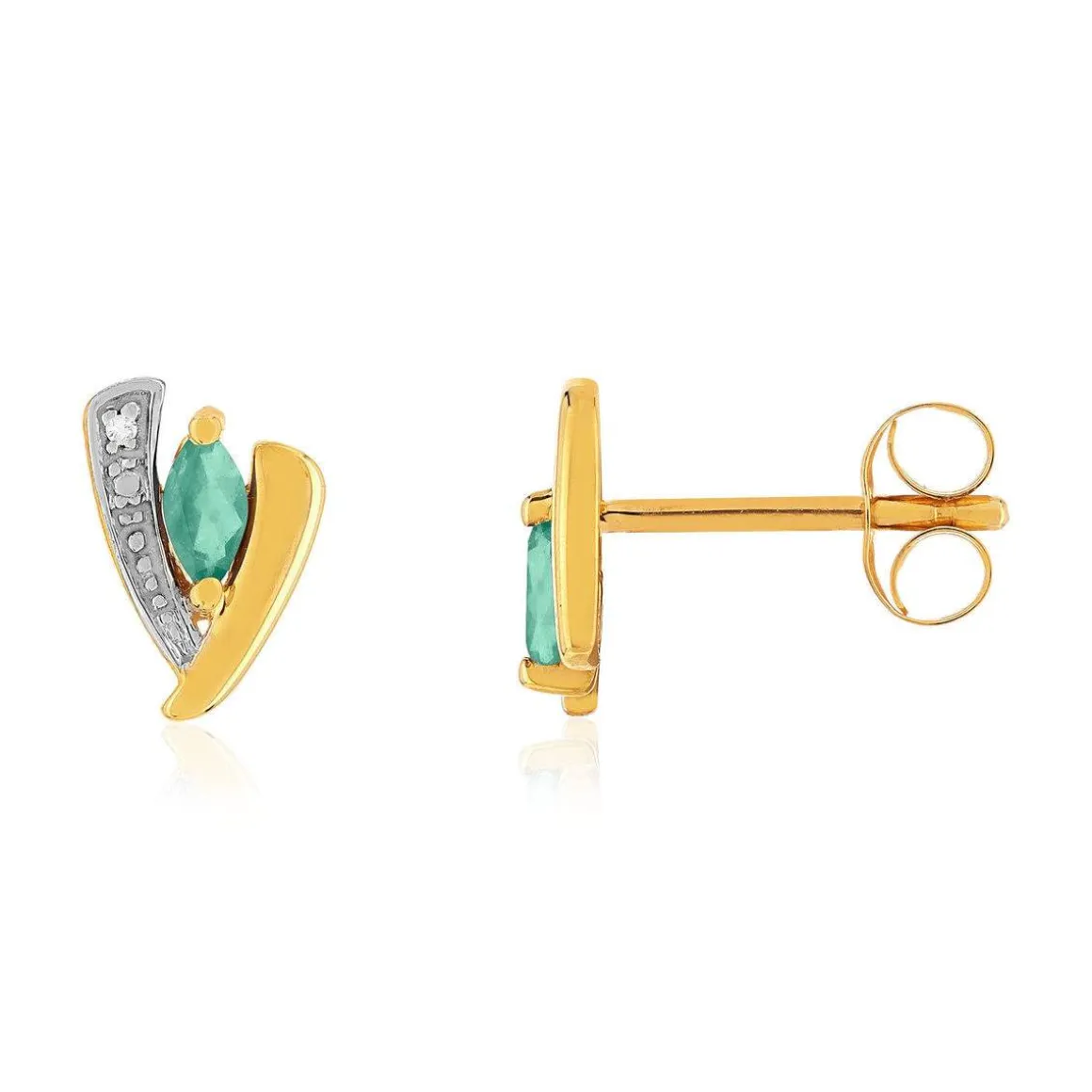 Boucles d'oreille or 375 jaune 2 tons emeraude et diamant