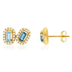 Boucles d'oreille or 750 jaune topazes traitées sky blue et london blue et zirconias