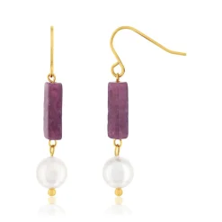 Boucles d'oreilles acier doré améthystes et 2 perles d'imitation