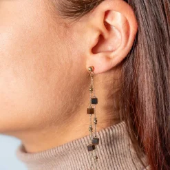 Boucles d'oreilles acier doré pendantes pierres oeil de tigre