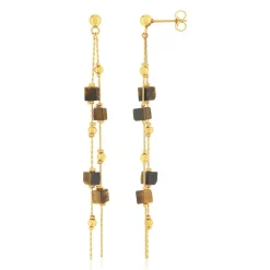 Boucles d'oreilles acier doré pendantes pierres oeil de tigre