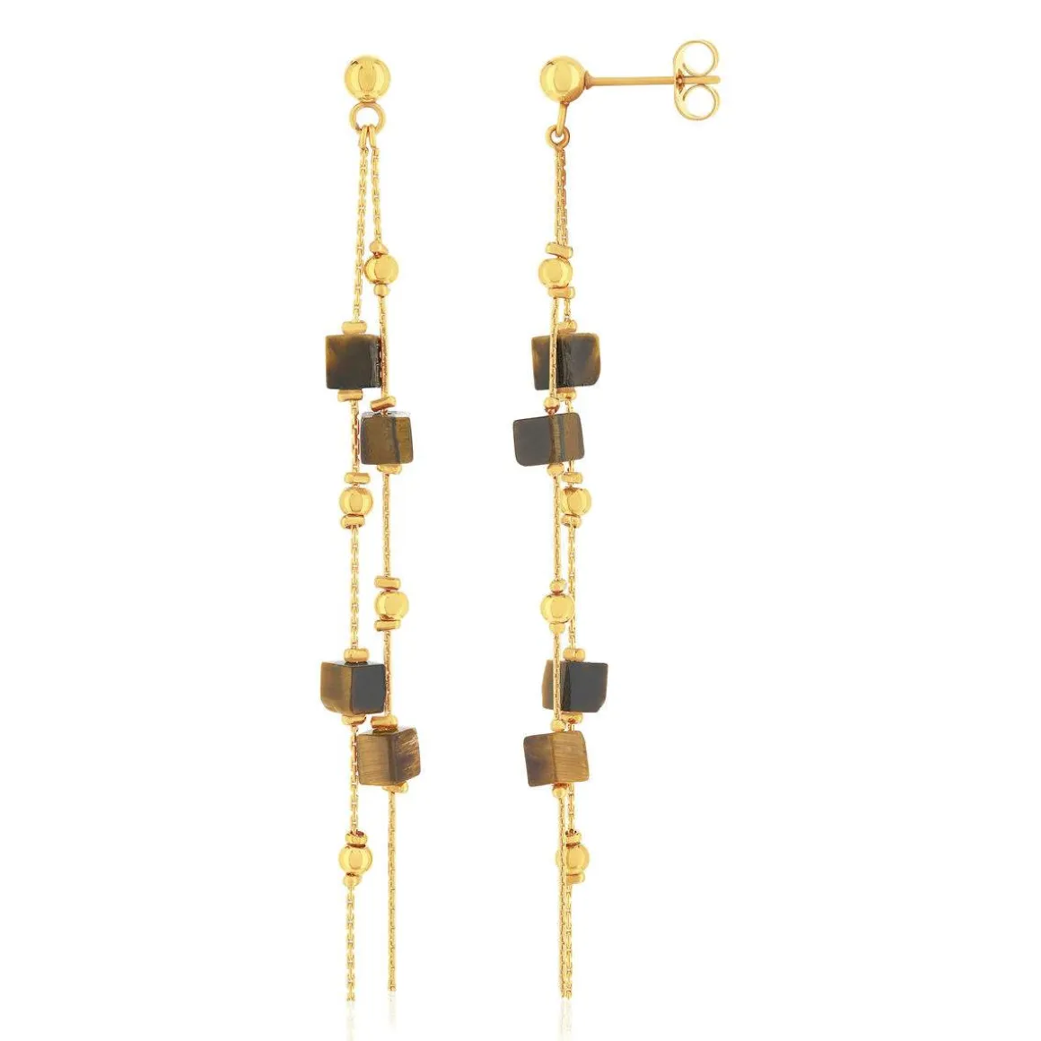 Boucles d'oreilles acier doré pendantes pierres oeil de tigre
