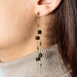 Boucles d'oreilles acier doré pendantes pierres oeil de tigre