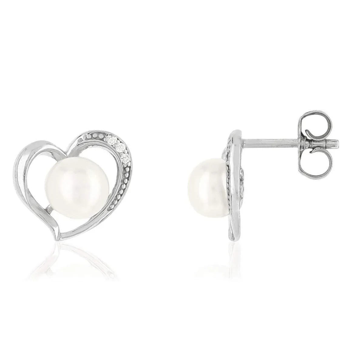Boucles d'oreilles argent 925 coeurs perles de culture de Chine et zirconias