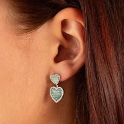 Boucles d'oreilles argent 925 malachites et zirconias coeurs