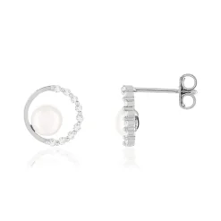 Boucles d'oreilles argent 925, motif cercle, perles de culture de Chine, zirconias.
