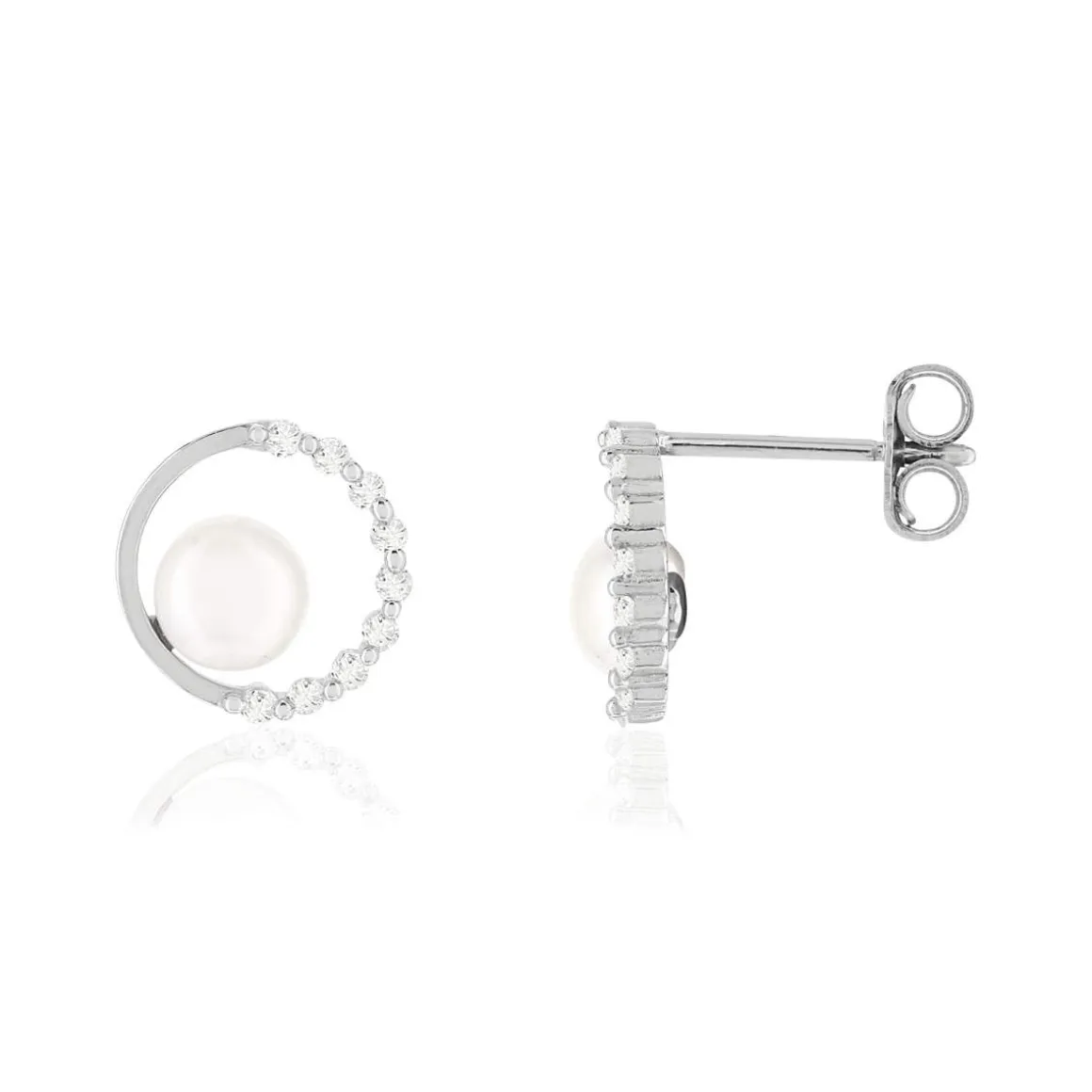 Boucles d'oreilles argent 925, motif cercle, perles de culture de Chine, zirconias.