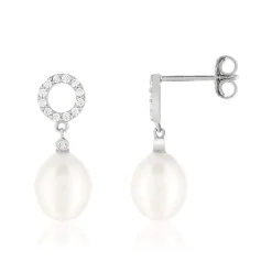 Boucles d'oreilles argent 925, motif cercle, perles de culture de Chine, zirconias.