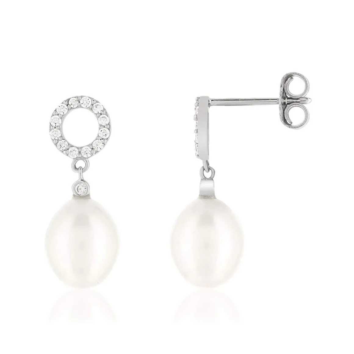 Boucles d'oreilles argent 925, motif cercle, perles de culture de Chine, zirconias.