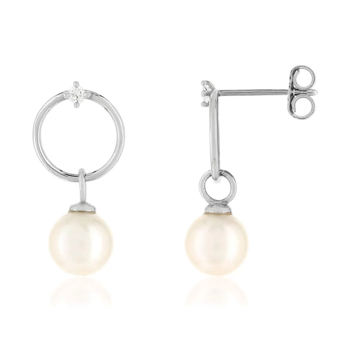 Boucles d'oreilles argent 925, motif cercle, perles de culture de Chine, zirconias.