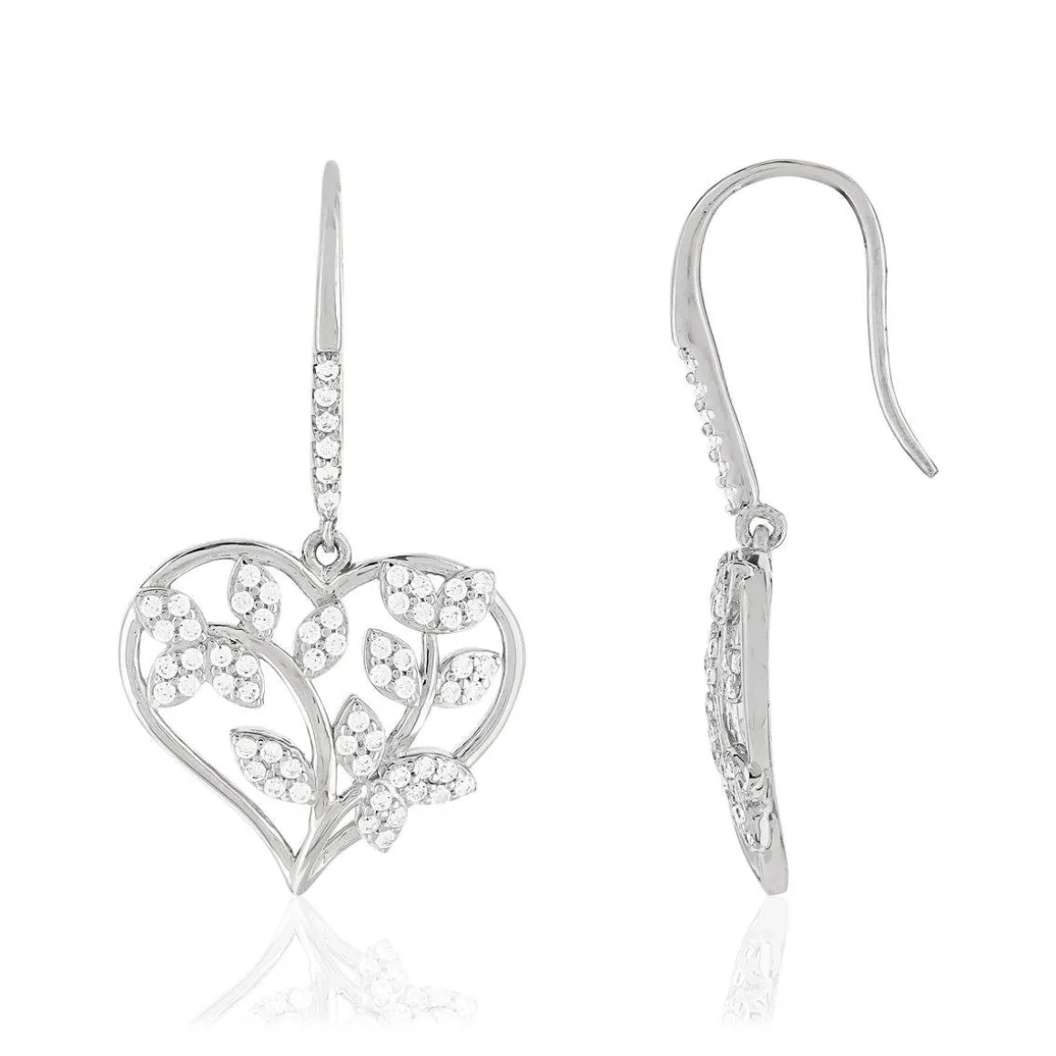 Boucles d'oreilles argent 925 pendants coeurs feuillage zirconias