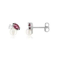Boucles d'oreilles argent 925 perles de culture de Chine grenats rhodolites et topazes blanches