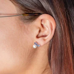 Boucles d'oreilles argent 925 perles de culture de Chine pierres imitation et zirconias bleus