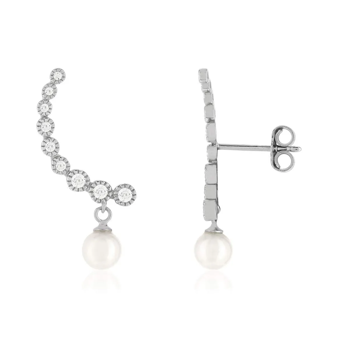 Boucles d'oreilles contours argent 925 zirconias et perles de culture de Chine.