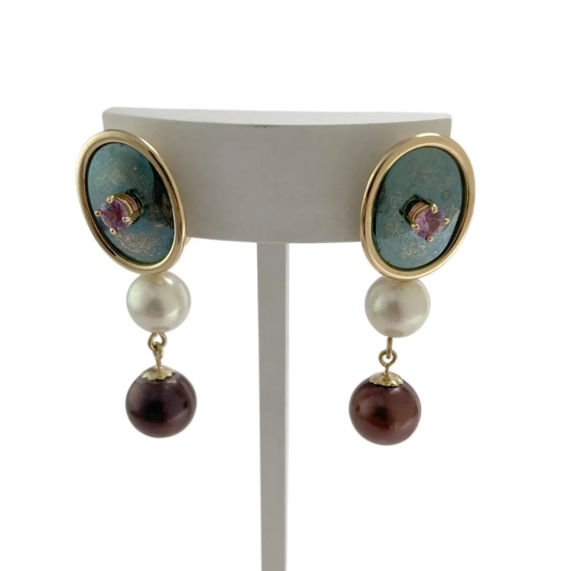 Boucles d'oreilles d'occasion or 750 jaune saphirs, perles de culture