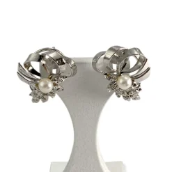 Boucles d'oreilles d'occasion or 750 blanc diamants,  perles de culture