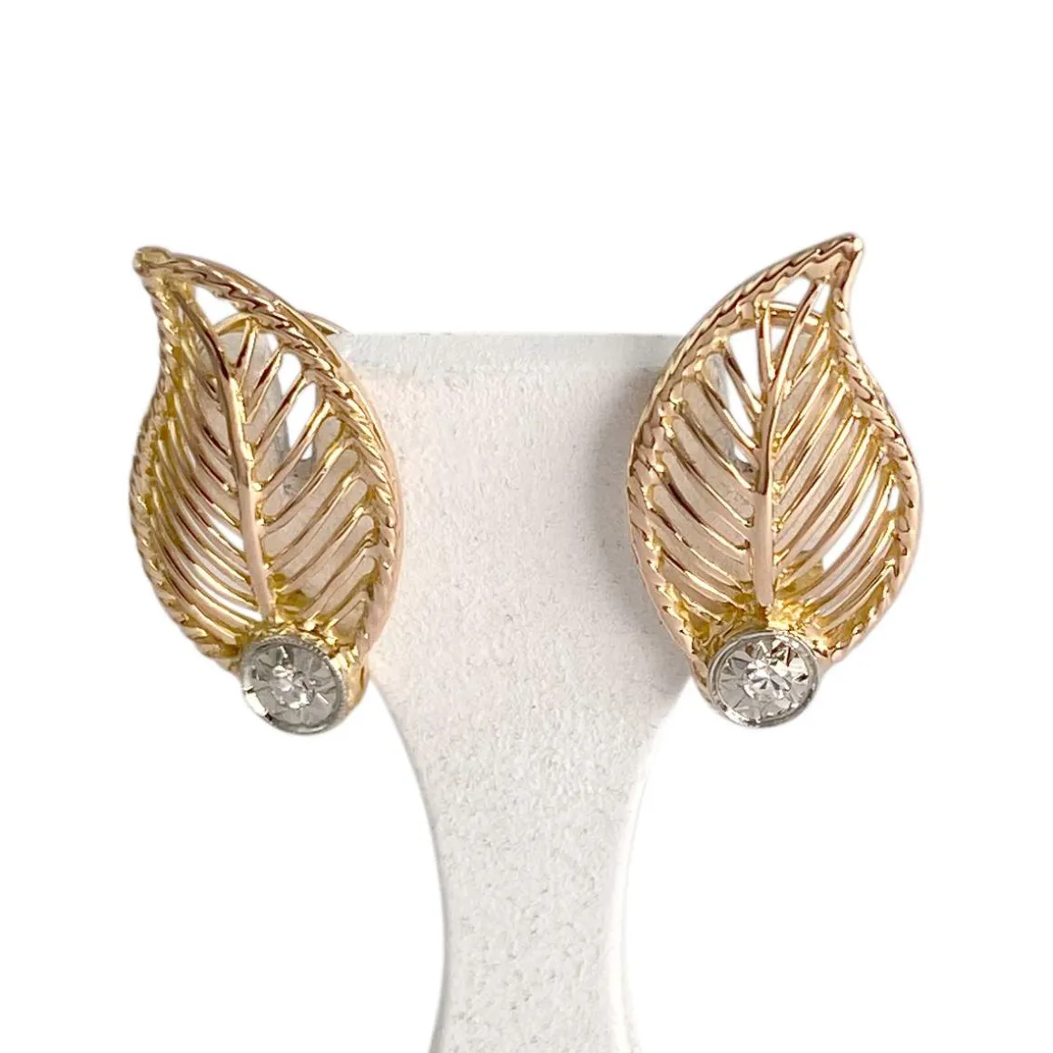 Boucles d'oreilles d'occasion or 750 2 tons feuille diamant