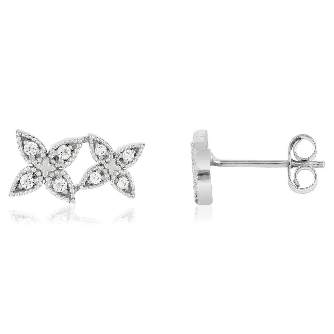 Boucles d'oreilles or blanc 375, diamants. Motif fleurs.
