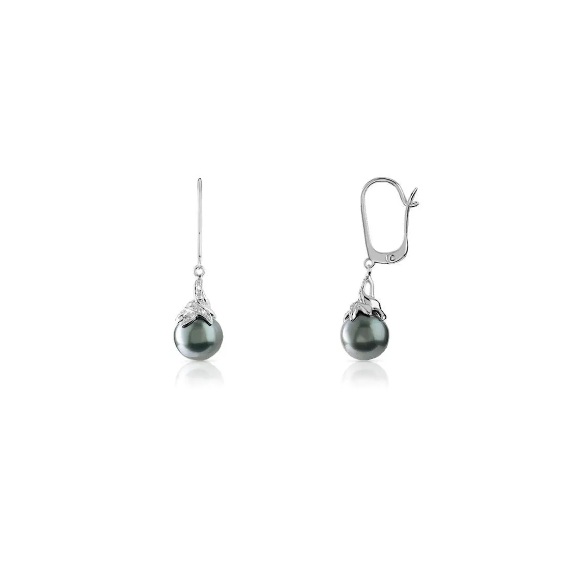 Boucles d'oreilles or 750 blanc dormeuses perles de Tahiti et diamants