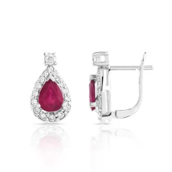 Boucles d'oreilles or 750 blanc dormeuses rubis taille poire et diamants