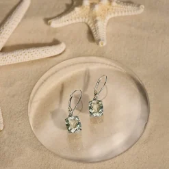Boucles d'oreilles or 375 blanc dormeuses quartz verts et diamants