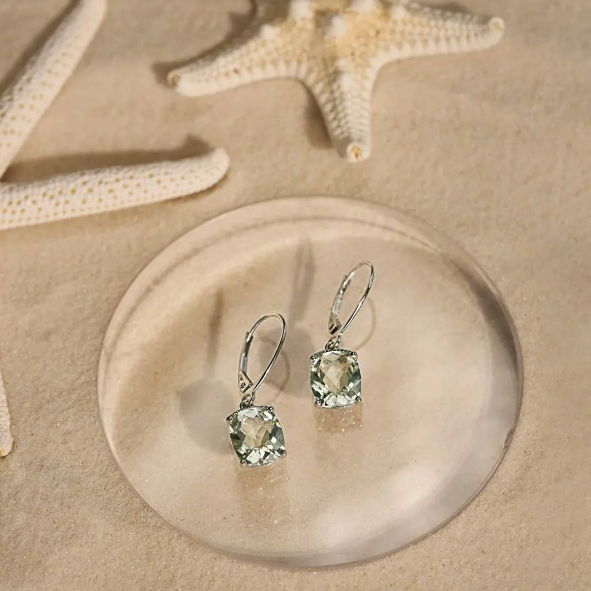 Boucles d'oreilles or 375 blanc dormeuses quartz verts et diamants