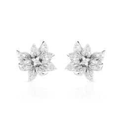 Boucles d'oreilles or 750 blanc fleurs diamants