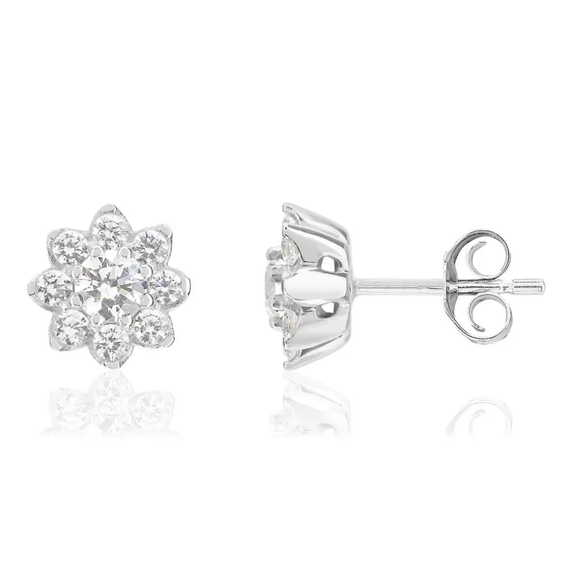 Boucles d'oreilles or 750 blanc fleurs diamants synthétiques 0,79 carat