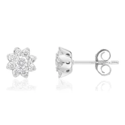 Boucles d'oreilles or 750 blanc fleurs diamants synthétiques 0,50 carat