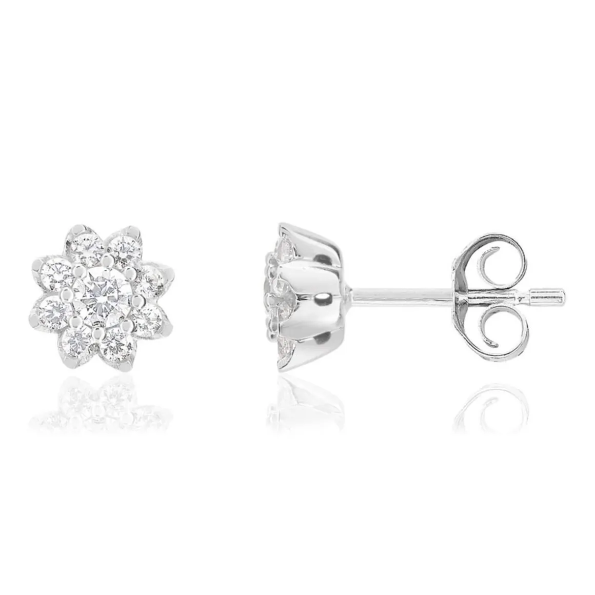Boucles d'oreilles or 750 blanc fleurs diamants synthétiques 0,50 carat