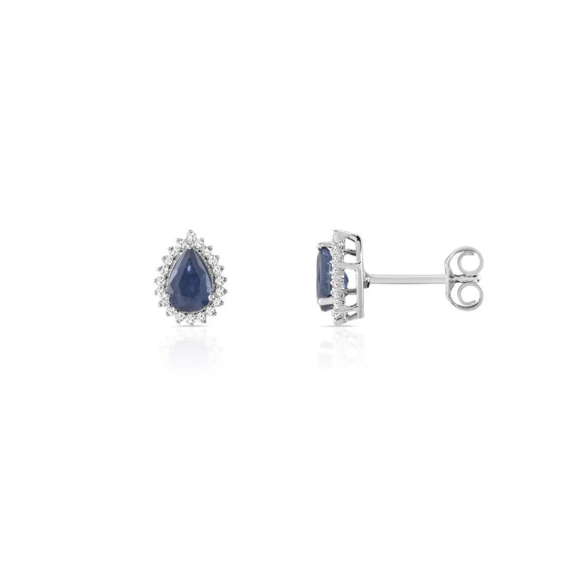 Boucles d'oreilles or 750 blanc gouttes saphirs taille poire et diamants