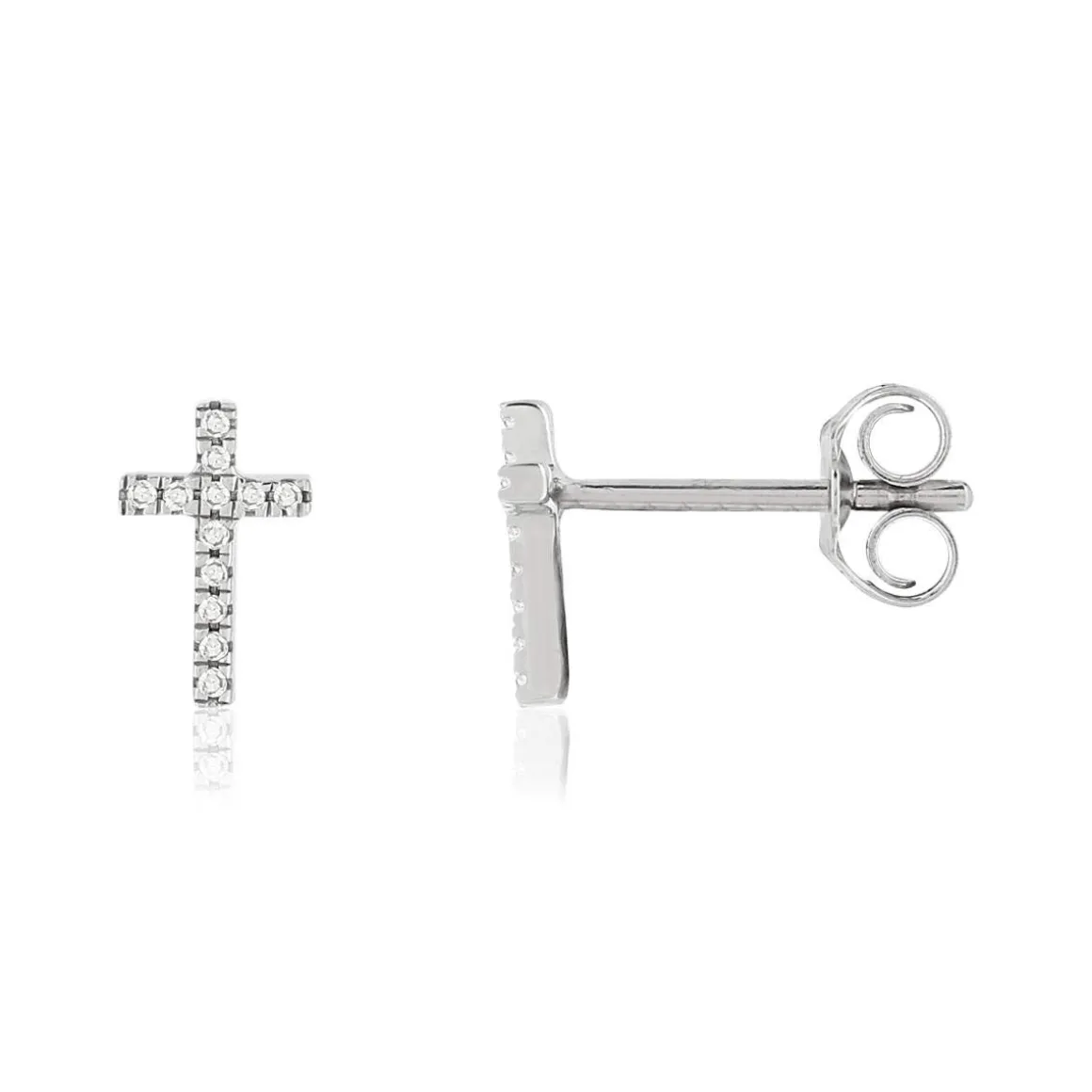 Boucles d'oreilles or blanc 375, motif croix, diamants.