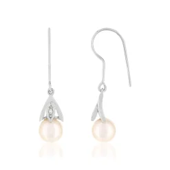 Boucles d'oreilles or blanc 375, 2 perles de culture de Chine, diamants.