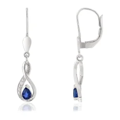 Boucles d'oreilles or 375 blanc pendants saphirs taille poire et diamants
