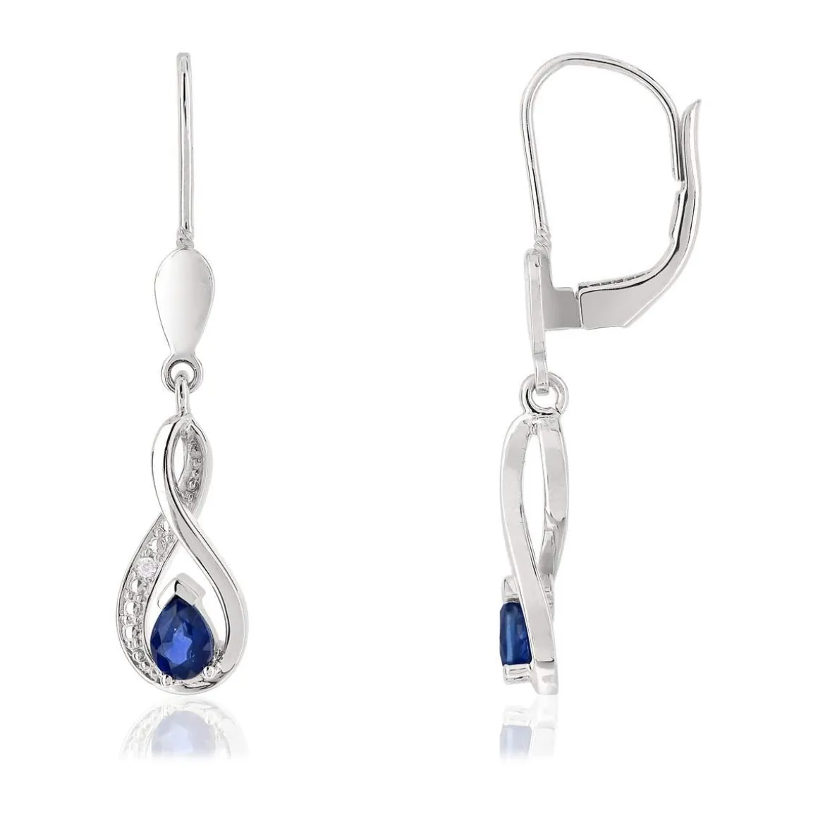 Boucles d'oreilles or 375 blanc pendants saphirs taille poire et diamants