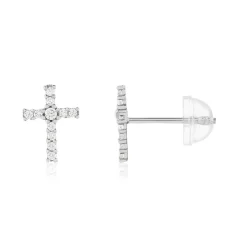Boucles d'oreilles or 375 blanc zirconias blancs croix