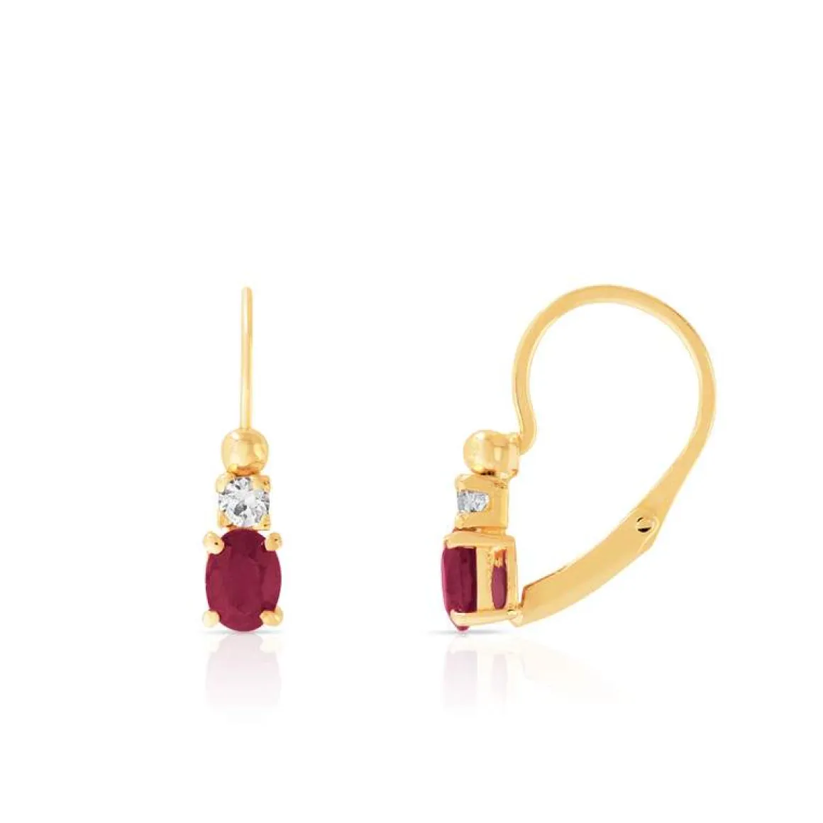 Boucles d'oreilles or 750 jaune brisures rubis ovale et zirconias