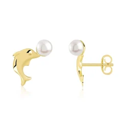 Boucles d'oreilles or 375 jaune dauphins perles de culture de Chine
