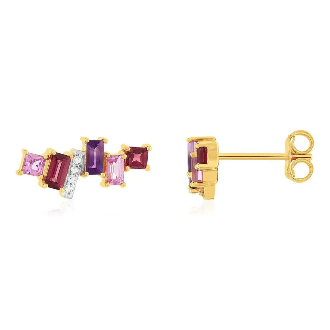 Boucles d'oreilles or 375 jaune diamants, grenats rhodolites, saphirs et améthystes