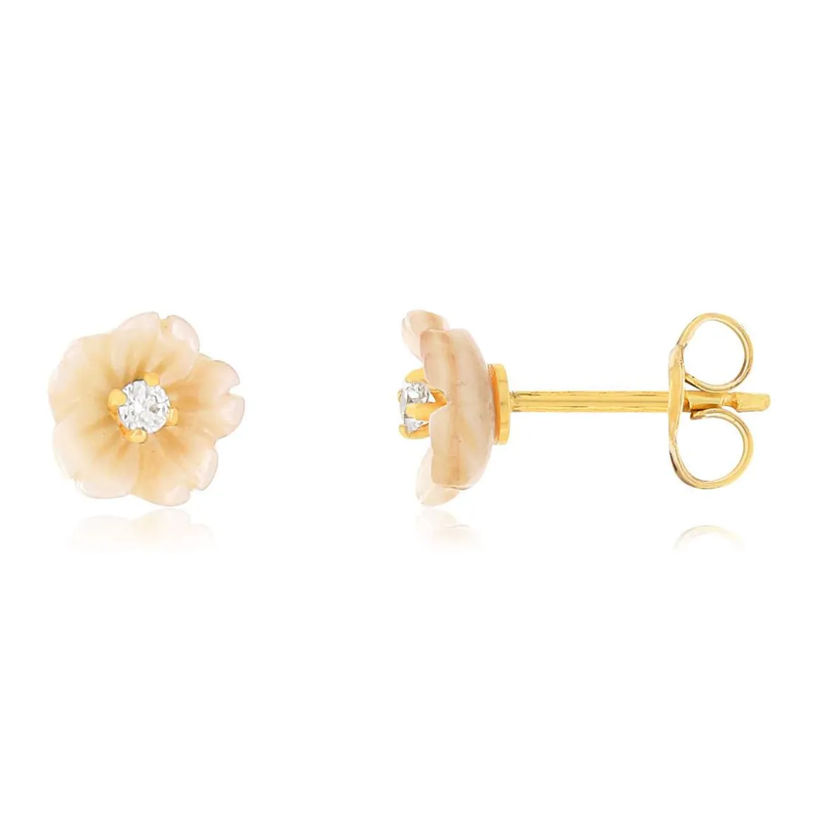 Boucles d'oreilles or jaune 375 fleur nacres roses et zirconias