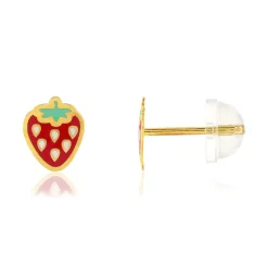 Boucles d'oreilles or jaune 375, laque. Motif fraise.