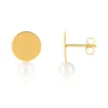 Boucles d'oreilles or jaune 375, motif disque, perles de culture de Chine.