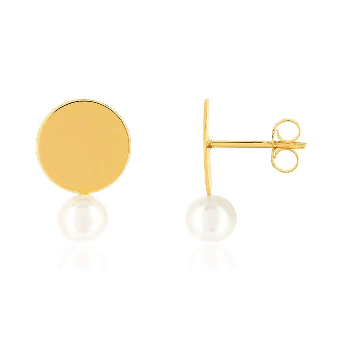 Boucles d'oreilles or jaune 375, motif disque, perles de culture de Chine.