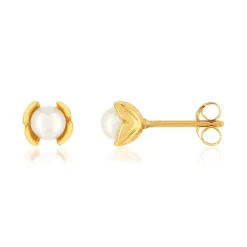 Boucles d'oreilles or jaune 375, perles de culture de Chine, motif feuille.