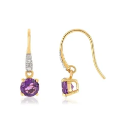 Boucles d'oreilles or jaune 375 pendants amethystes et diamants