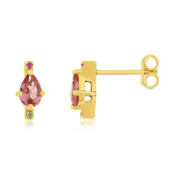 Boucles d'oreilles or 375 jaune tourmaline rose, grenat vert et rubis