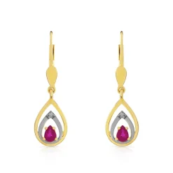 Boucles d'oreilles or 750 2 tons dormeuses rubis taille poire et diamants