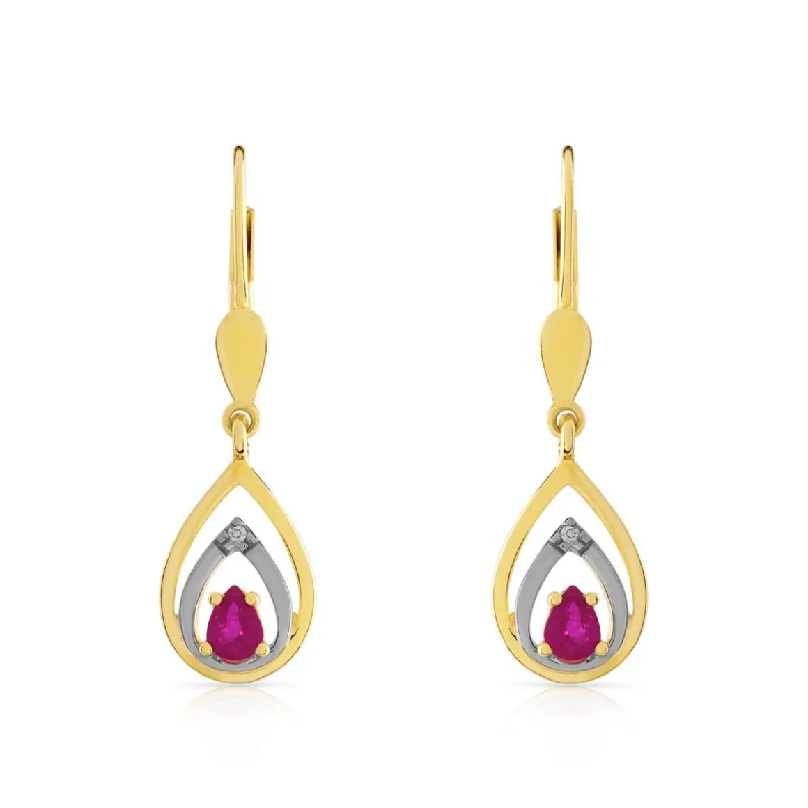 Boucles d'oreilles or 750 2 tons dormeuses rubis taille poire et diamants