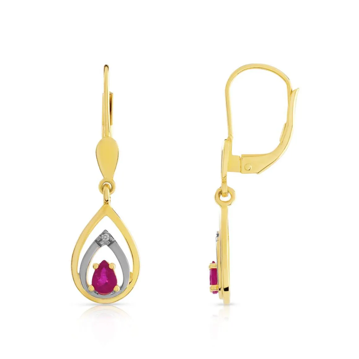 Boucles d'oreilles or 750 2 tons dormeuses rubis taille poire et diamants